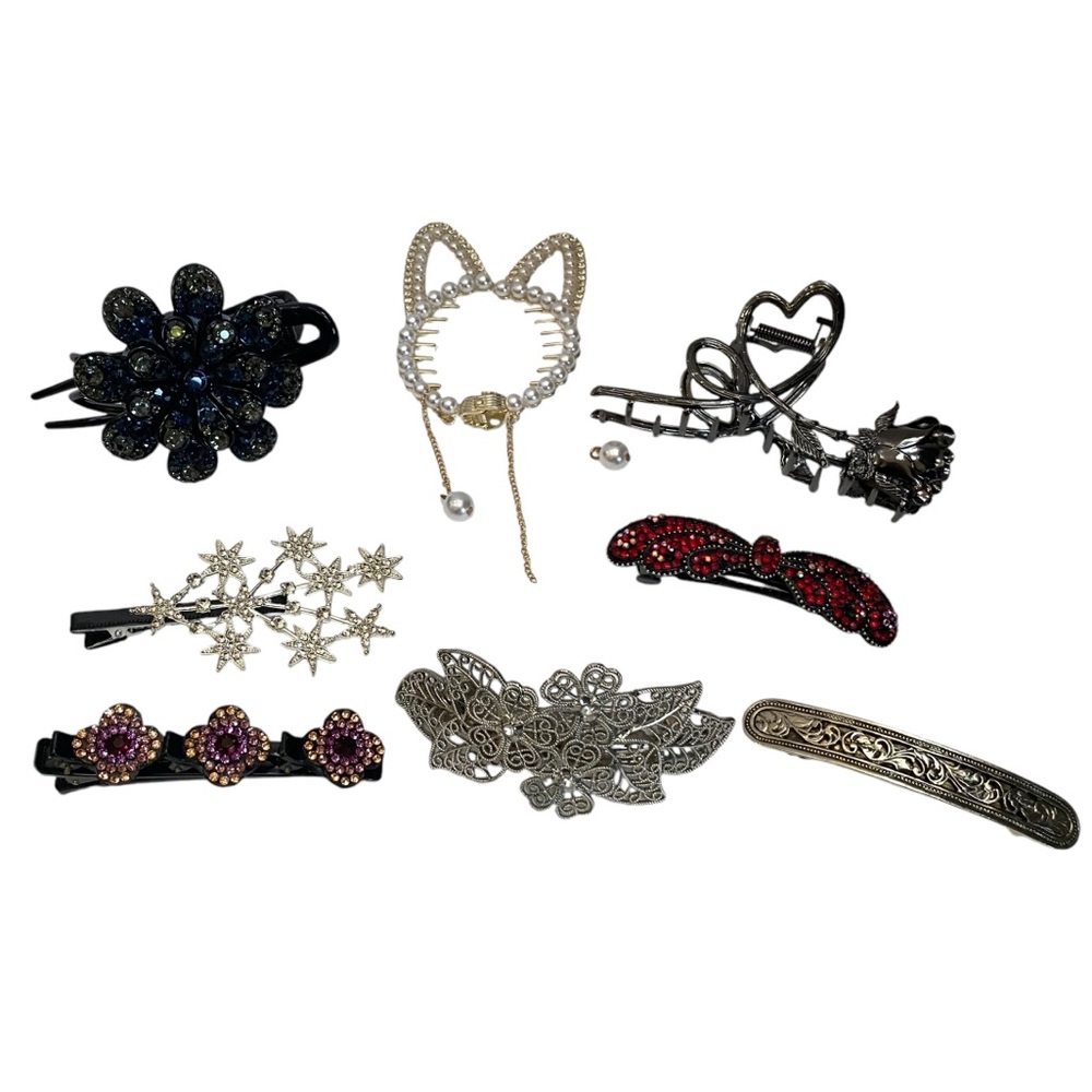 Lot of 8 Hair Clips Ponytail Barrette claw rhinestones silver tone metal stars